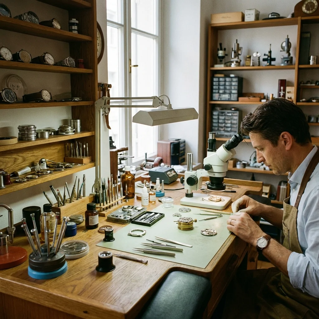 Watch repair workshop with precision tools