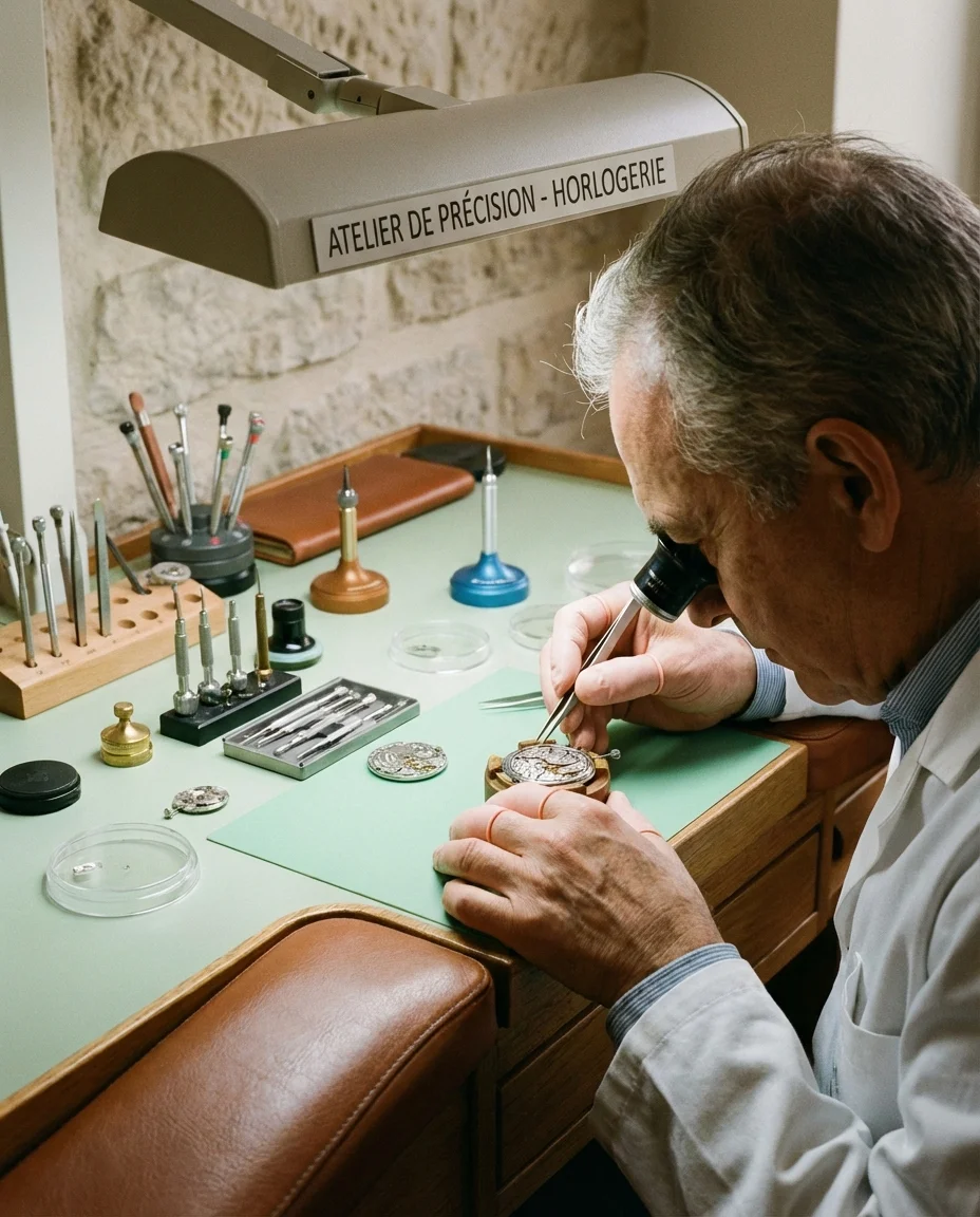 Watch repair specialist at work with precision tools